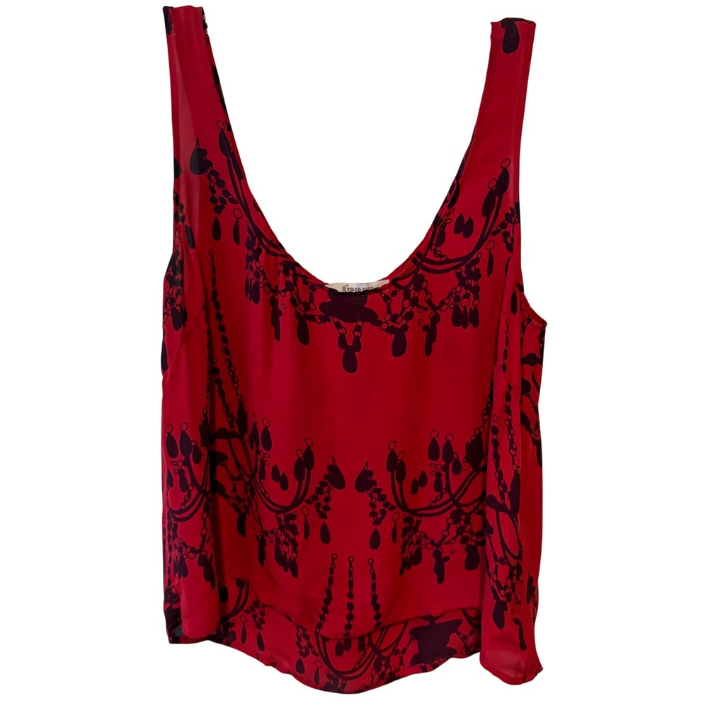 Grace Sun Red and Black Chandelier Print 100% Silk Sleeveless Blouse in Size 6